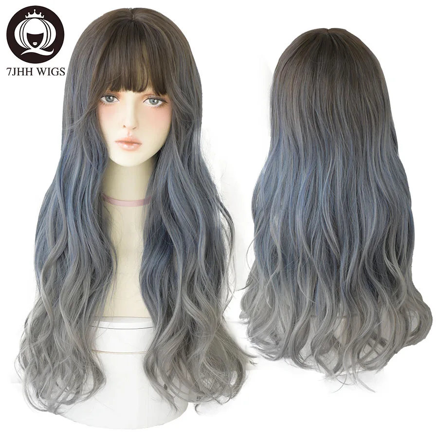 7JHH WIGS Long Omber Corche Hair Wigs with Bangs For Women Synthetic Soft Loose Light Blue Wig Beginner Friendly High Density