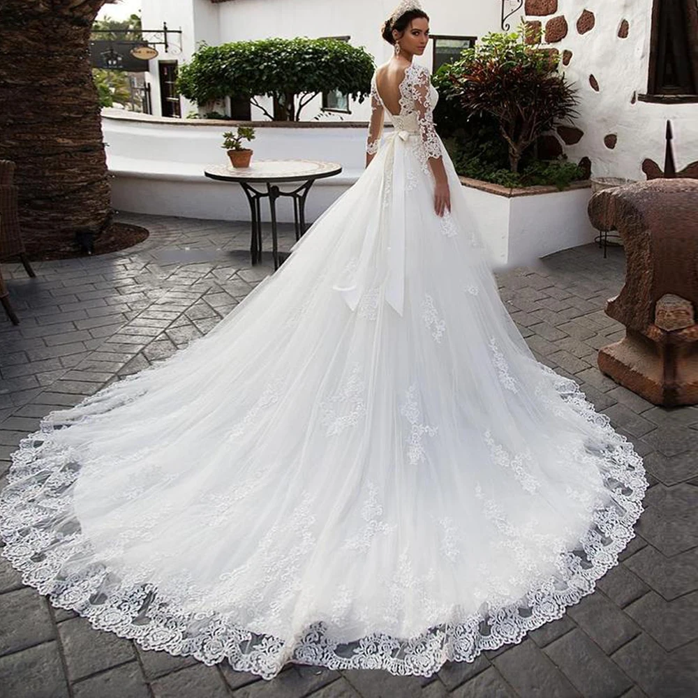 Robe De mariée luxueuse blanche, grande taille, manches 3/4, avec des Appliques au dos à lacets, 2021