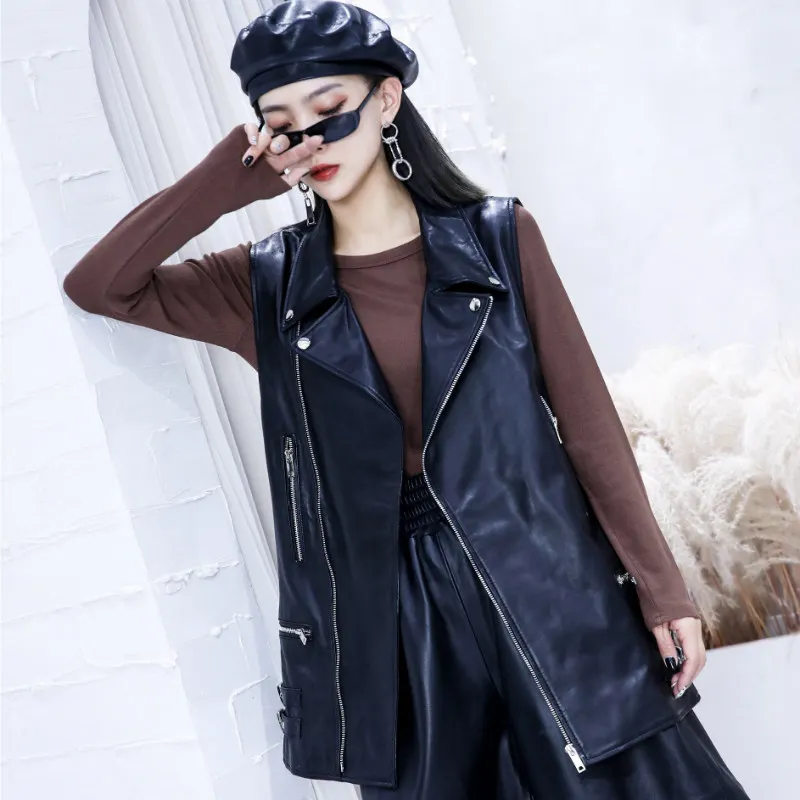 Genuine Leather Waistcoat Women Korean Lapel Multi-Zipper Mid-Length Sheepskin Big Vests Autumn Winter Female Sleeveless Jacket