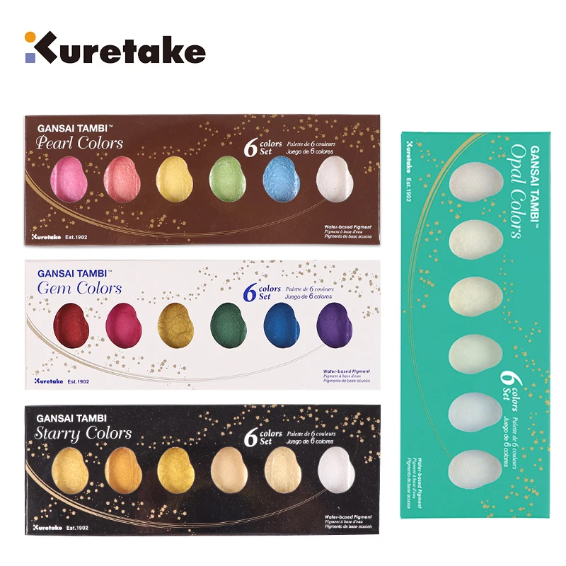 Japan ZIG Kuretake GANSAI TAMBI Starry/Pearl/Gem/Opal Watercolor Metallic Gold Paints 6 Colors Set Painting Supplies