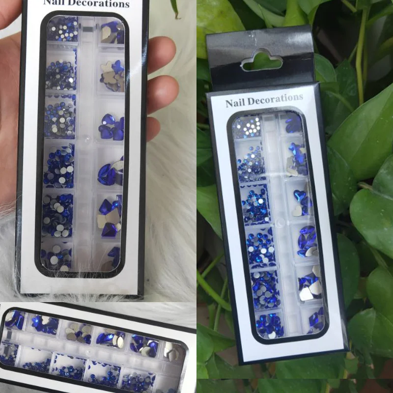 12 Gordt Gemengde Size Klein Blue Diamonds Nail Strass 3D Nail Art Decor Plaksteen Shiny Crystal 3D Glitter Gems Strass 1 Doos