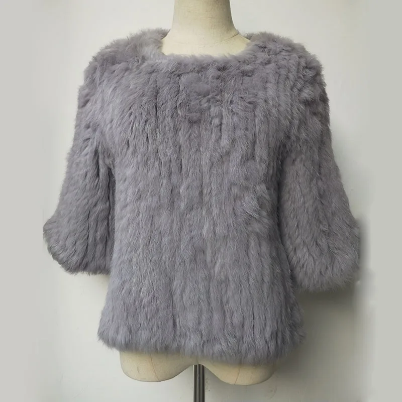 Jersey de piel de conejo Natural para mujer, abrigo de media manga, Chaqueta de punto de piel auténtica cálida para invierno