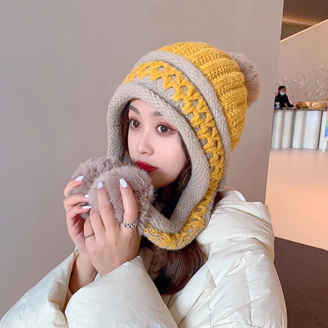 

Autumn Winter Ear Protection Hat Women's Warm Knitting Baotou Girl Outdoor Ball Vop Cute Hat Korean Japanese Students Yellow