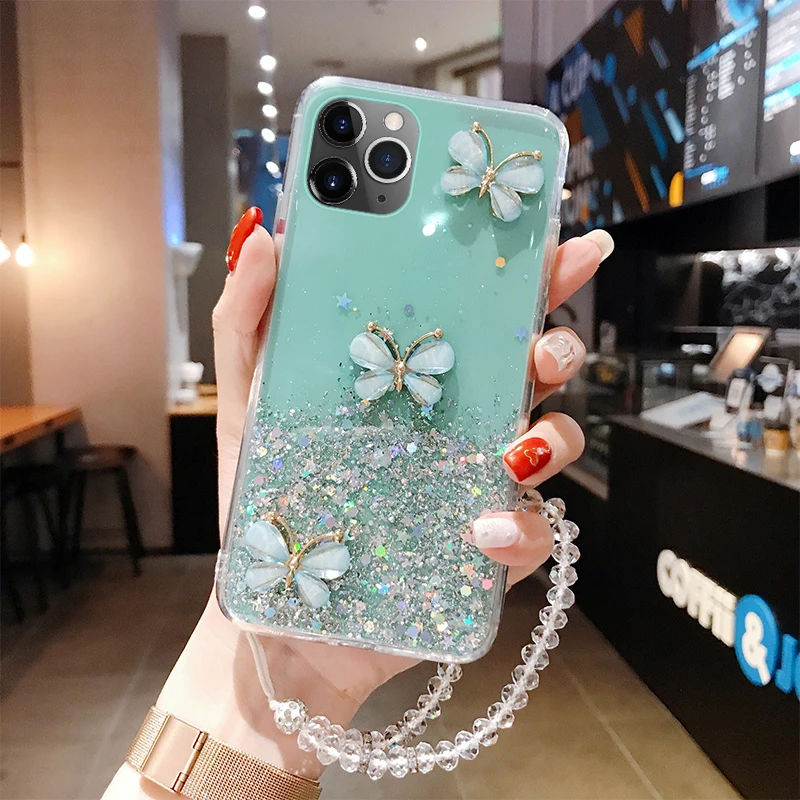 

Luxury Cute Bling Glitter Lanyard Silicone Phone Case For iPhone 16 E 15 14 13 12 11 Pro XS Max SE X Plus Ultra-thin Strap Cover