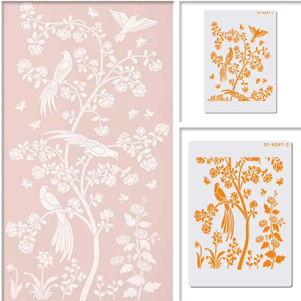 2pcs/set Birds&Flower Cake Stencil Chinoiserie Wall Stencils for DIY Home Decor Scrapbooking Painting Drawing Stencils Template