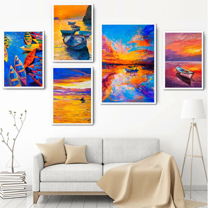 

Landscape Boat Abstract Canvas Wall Art Landscape Print Watercolor Seascape Painting for Living Room HD Bedroom Decoration
