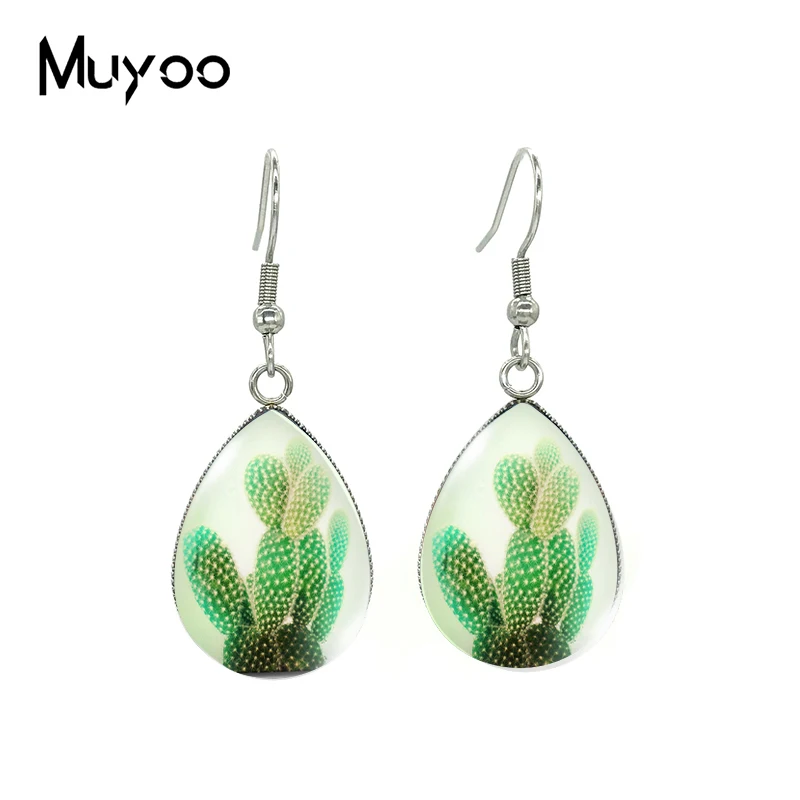 2021 New Plant Cactus Tear drop Earring Art Painting Fish hook Earrings Glass Cabochon Jewelry Handmade Items