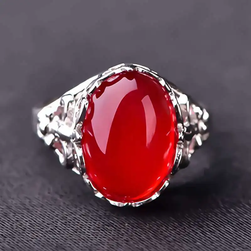 925 Silver Plated Natural Green Chalcedony Gemstone Ring Female Red Agate Atmosphere Fashion Open Ring Birthday Gift