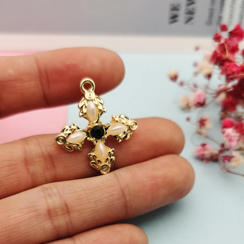 10pcs Crosses Pearl Charms Dangle Gold Color Metal Pendants Handmade Earring Finding For DIY Classe Jewelry Accessories 23*26mm