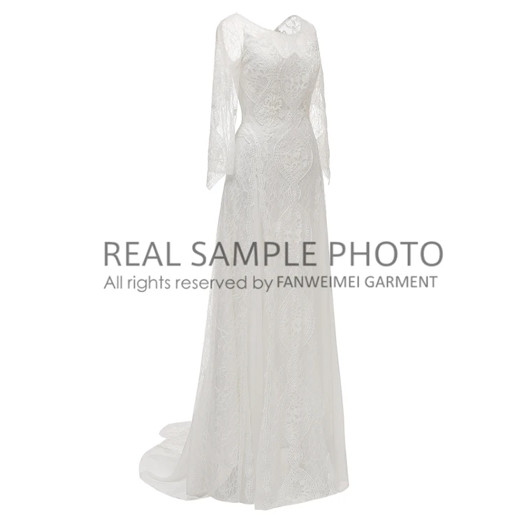 Factory Price 100 % Real Sample Photo Long Sleeve Backless O-Neck Lace Boho Bohemian  Beach Wedding Dress Bridal Gown