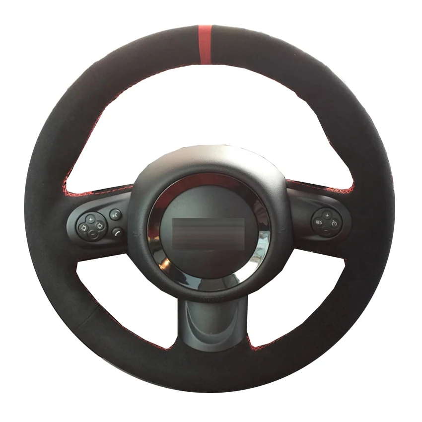 Black Suede Red Marker Hand-stitched Car Steering Wheel Cover for Mini Coupe Cooper Clubman Roadster 2004-2015