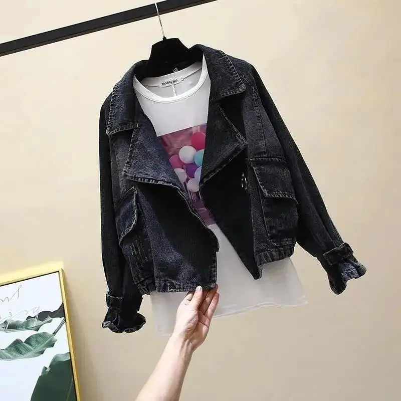 Chaqueta vaquera corta para mujer, prendas de vestir a la moda de manga larga con cremallera, chaquetas para estudiantes, Tops, abrigo de vaquera para mujer 2024