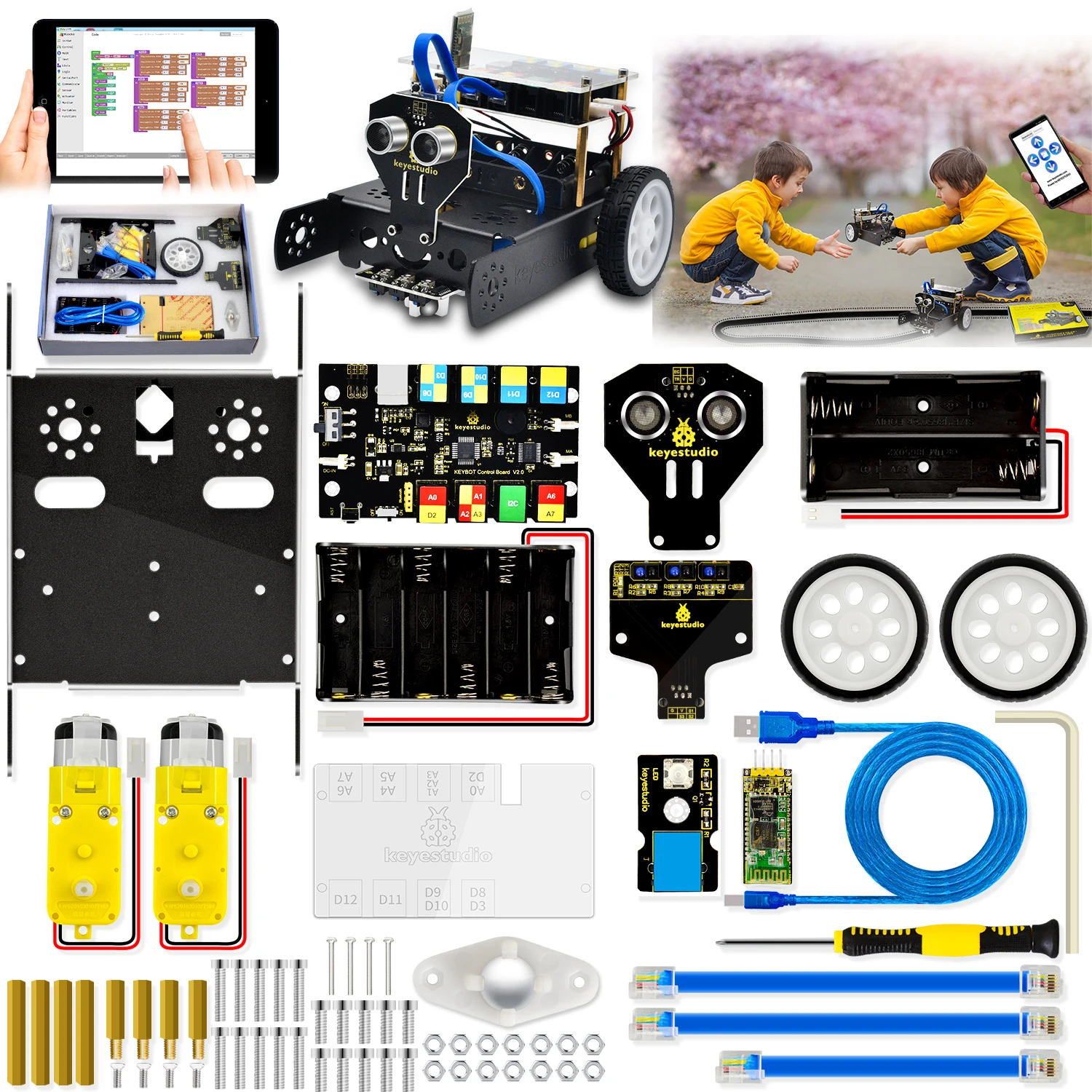 Keyestudio KEYBOT Programmable STEM Education Robot Car Kit TB6612 Driven  RJ11 Control For Arduino  Robot Graphical Programming