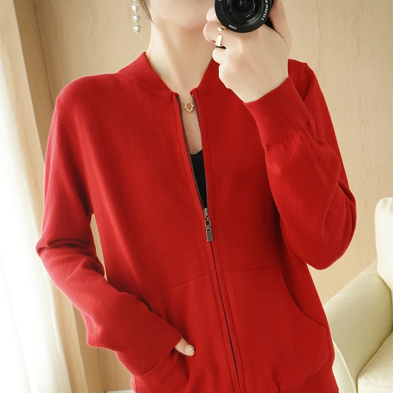 Zipper Cashmere Sweater Cardigan Women Stand-Up Collar Loose  Solid Knit Sweater Jacket Female Tops Autumn Red