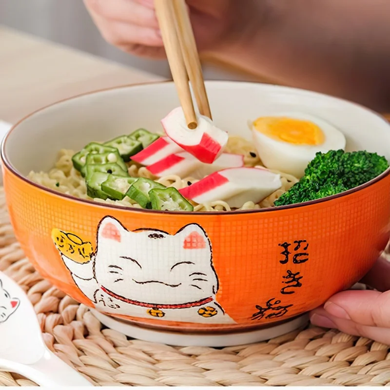 Lucky Cat Round Ceramic Bowl Restaurant Household Bone China Salad Bowl Noodle Soup Tableware Ramen  Vegetable