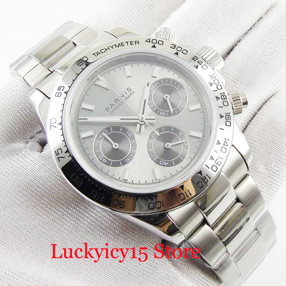PARNIS Dress High Quality 39mm Quartz Men\'s Watch With Chronograph Function Stainless Steel Band