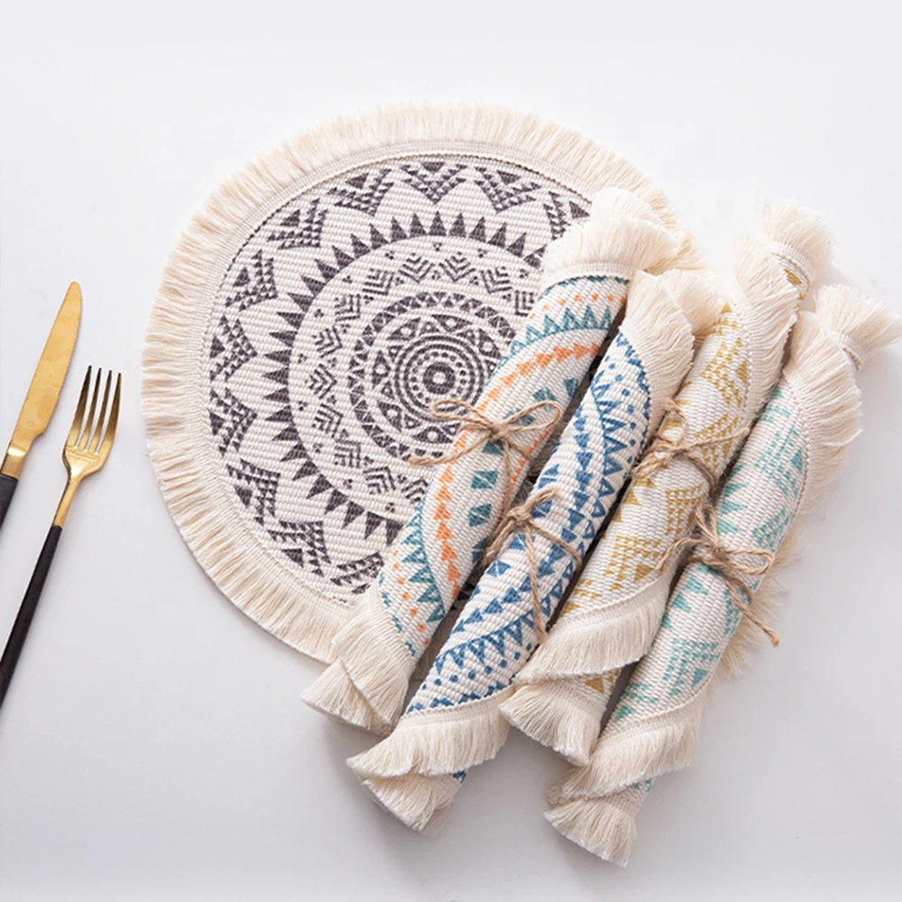 

Boho Kitchen Table Decor Coffee Dining Party Table Coasters Mats Set Fancyoung Outdoor Wedding Printed Round Woven Placemats