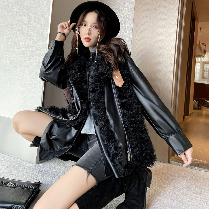 Autumn And Winter Two Pieces Set Jacket With Vest Pu Coat Female Faux Sheep Curly Fur Fashion Vest Black Gothic Fashion Girls