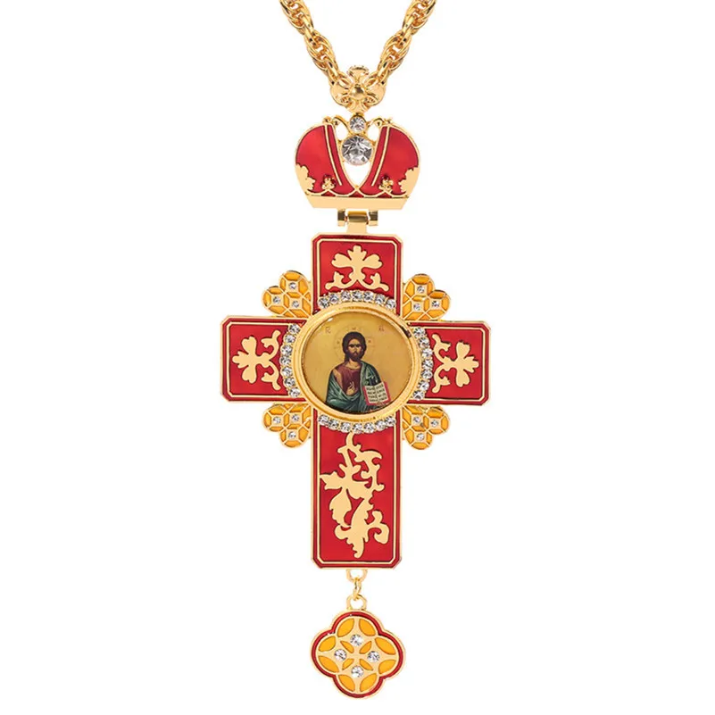 Fashion New Classic Cross Men Necklace Gold Plated Handcrafted Epoxy Jesus Icon Greek Orthodox Pectoral Long Chain Necklace