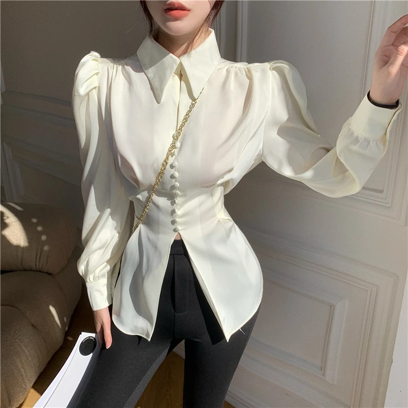 Casual Chiffon Blouse and Tops Women 2024 Autumn Fashion Design Elegant Puff Sleeve Shirts Ladies French Bow Korean Style