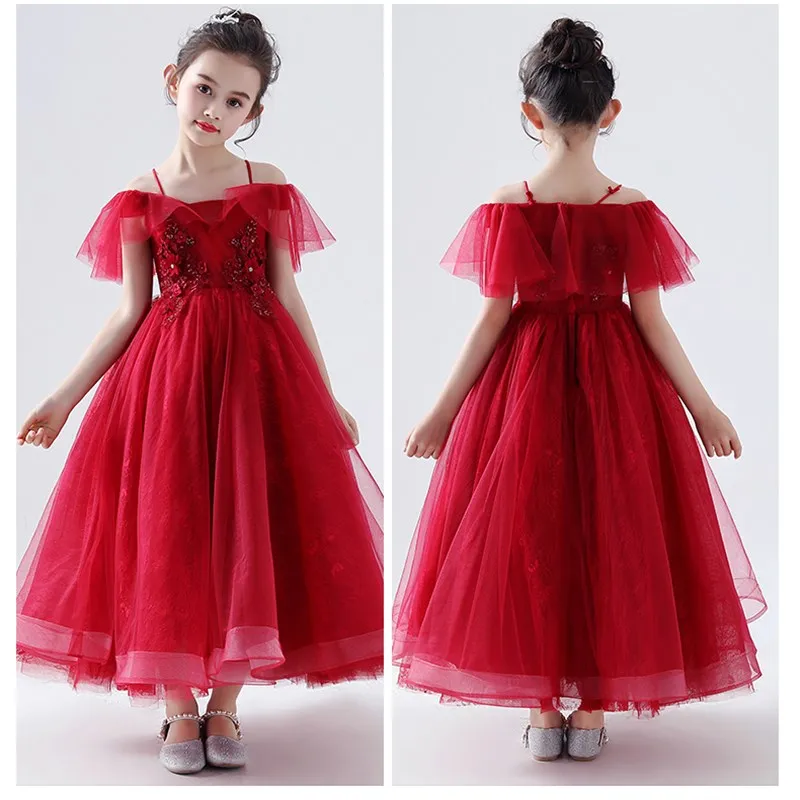 Vestido de flores con tirantes finos para niña, vestidos de desfile sin mangas de tul rojo para padres e hijos, novedad de 2020