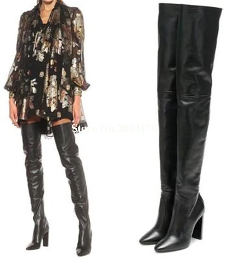 

Women Elegant Black Leather Over Knee Chunky Heel Boots Back Lace-up Pointed Toe Thigh Long High Heel Boots Dress Shoes