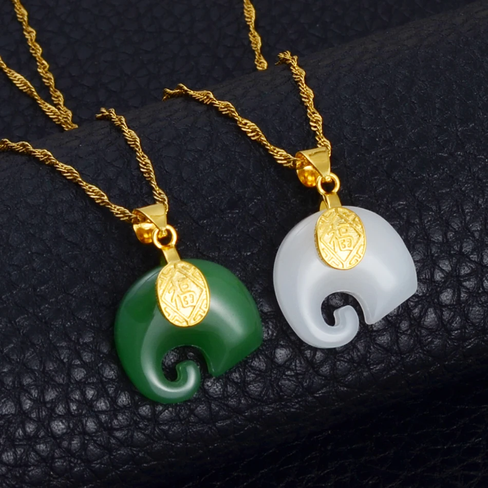 Anniyo Chinese Elements FU and Elephant Pendant Necklace White/Green Stone Protective Talisman Jewelry Chinese style #001736