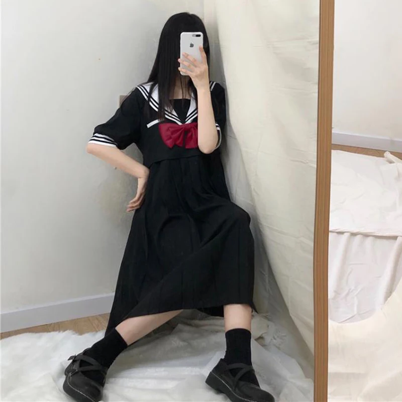 Japanese College Sailor Collar Long-Sleeved Dress Sweet Cute Bow Midi Loose Skirt Women's Summer  school girl uniform