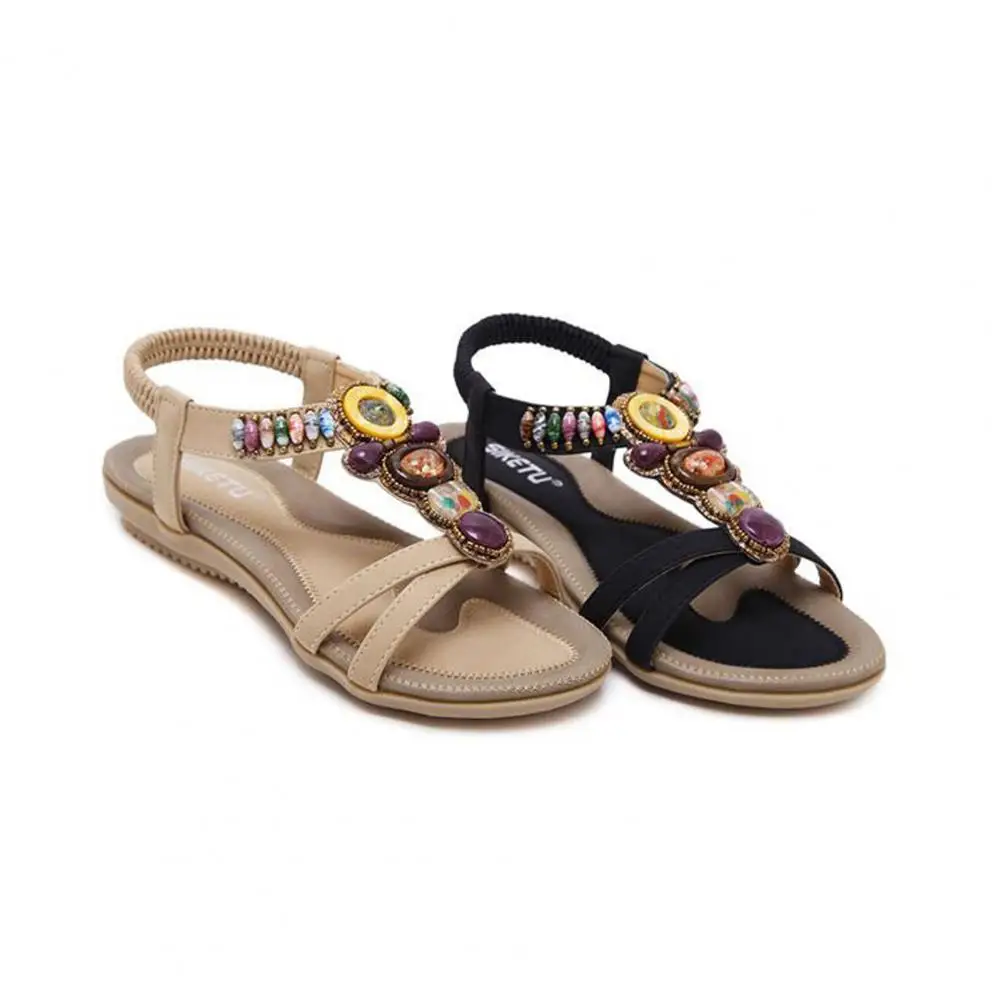 SIKETU Bohemian Women Sandals Gemstone Beaded Slippers Summer Beach Sandals Women Flip Flops Ladies Flat Shoes