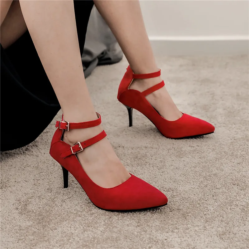 

YMECHIC Summer Cross Strap Dress Office Party Shoes Woman High Heel Pointed Toe Flock Ladies Red Black Stiletto Heels Pumps 43