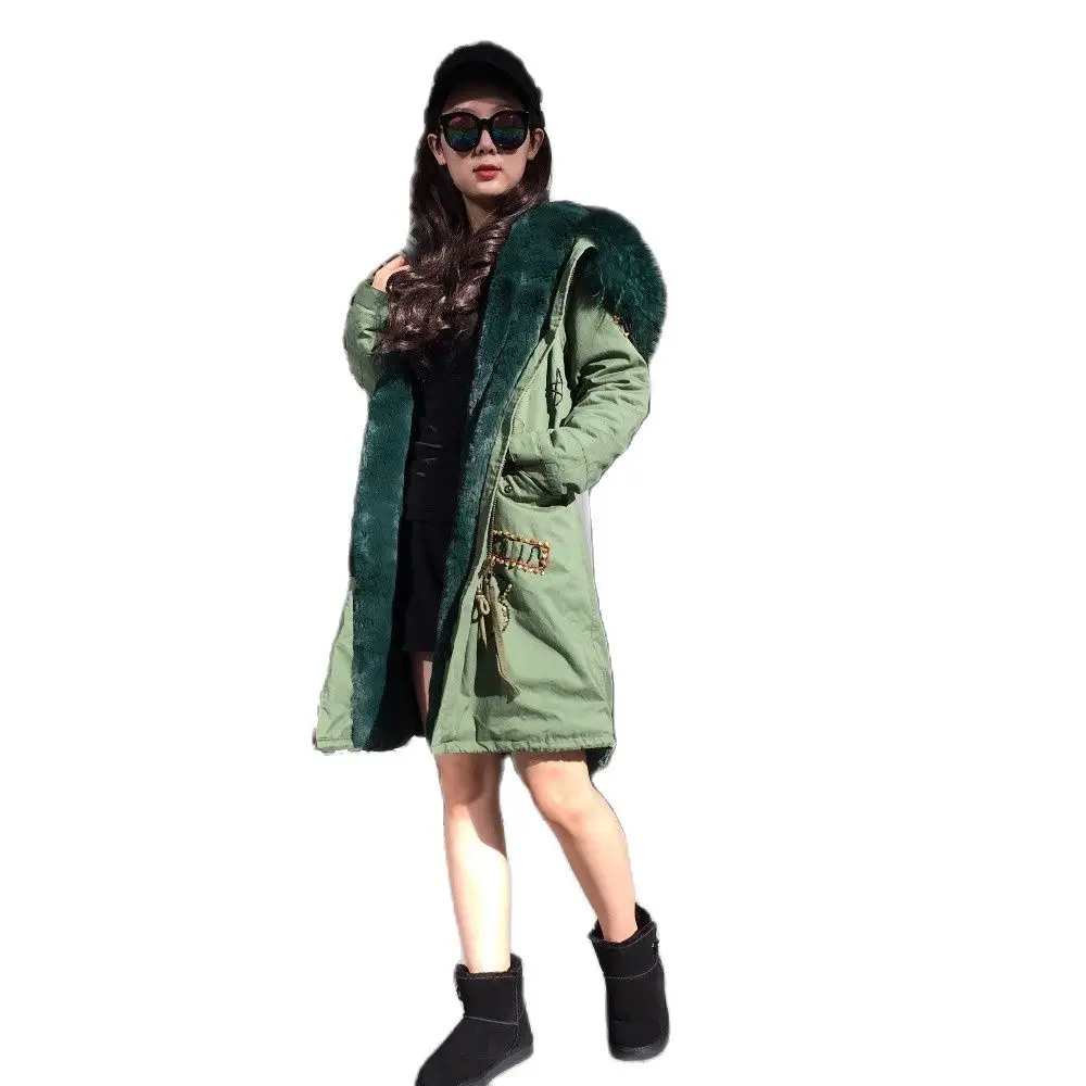 DE Long Parka With Embroidery Pattern Winter Thick Warm Overcoat Dark Green Faux Fur Jacket For Mrs And Mr