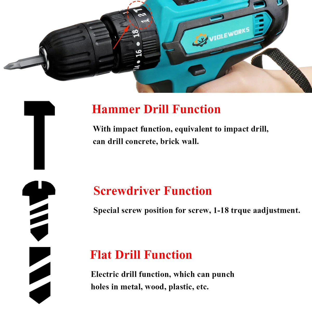 Electric Drill Cordless Drill 32V 2 Speed 3 IN1 Electric Screwdriver Hammer Power Driver with 1 Lithium-Ion Battery Power Tool