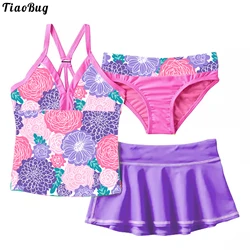 TiaoBug Summer 3Pcs Kid Girls Floral Print Swimsuit V Neck Straps Sleeveless Top With Skirt And Briefs Set Beach Pool Swimwear