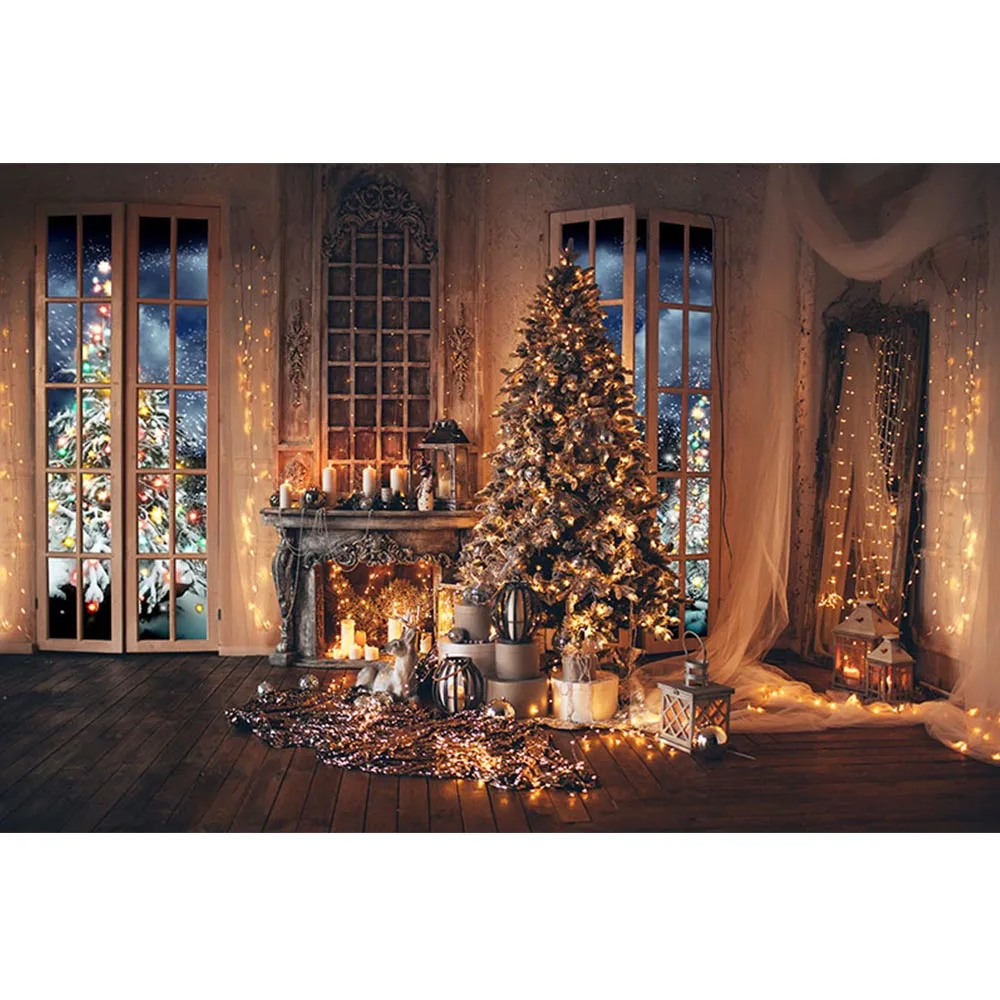 Photography Backdrops Christmas Party Background Cuddle Up Dark Wooden Cozy Cabin Room Backdrops Window Light Tree Gifts Stove