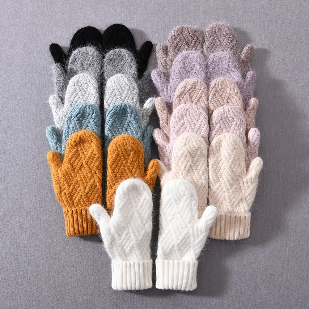 Jxwatcher Women Cashmere Knit Mittens High Quality Winter Female Wool Thickening Plush Fashion Warm Full Finger Gloves Female