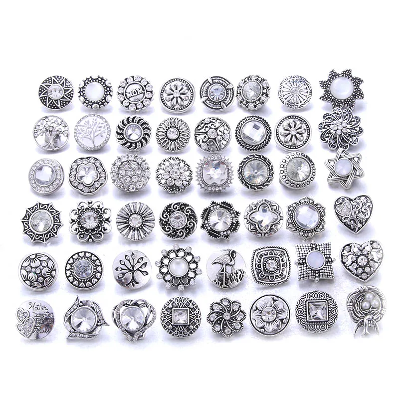 10pcs/lot Wholesale Snap Jewelry Mixed White Rhinestone Flower Metal Charms 18mm 20mm Snap Button Jewelry for Snaps Bracelet