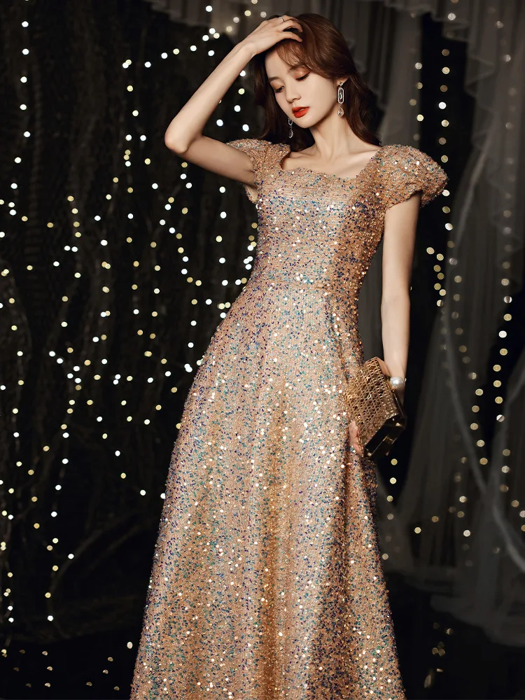 

Women Short Sleeve A-line Evening Dresses Party Elegant Square Neck Sequin Sparkly Formal Gown Size