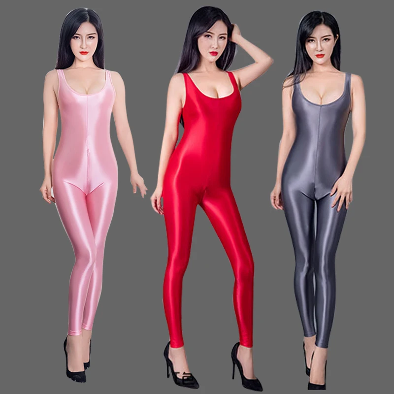 New sexy Shiny Tight Crotchless Swimsuit Jumpsuit Sexy Oily See Through Bodysuit Zipper Open Crotch for Men and Women Plus Size