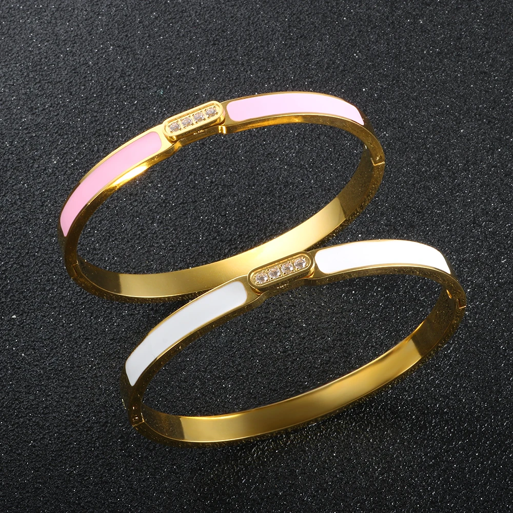 Luxury Pink/White Color Enamel Epoxy Bracelet For Women Men High Quanlity Gold-plated Stainless Steel Bangle Couple Jewelry Gift