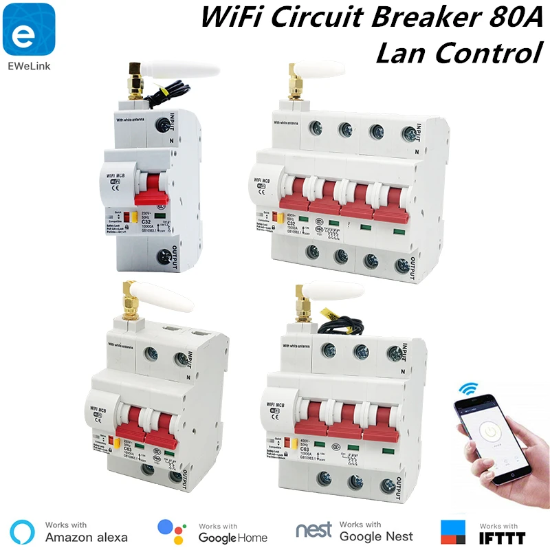 

1P/2P/3P/4P 80A Smart WiFi Circuit Breaker eWelink App Remote Control Work with Alexa echo and Google Home Automation Breaker