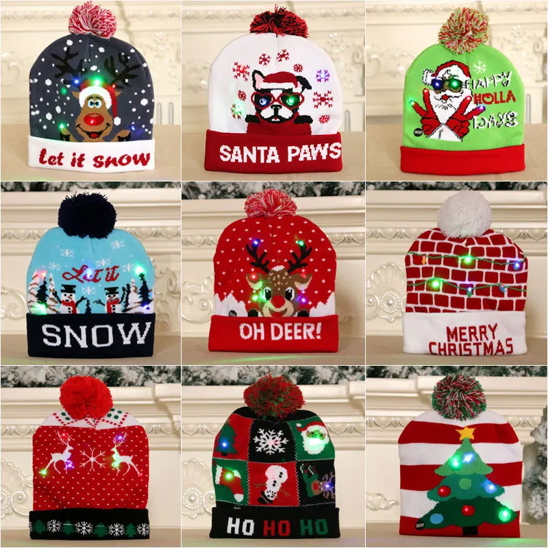 60pcs/ A Lot Christmas Cartoon Light  Hat Adult Children's Knitted Yarn Multicolor Luminous Knitted Hat Christmas Hat Wholesale