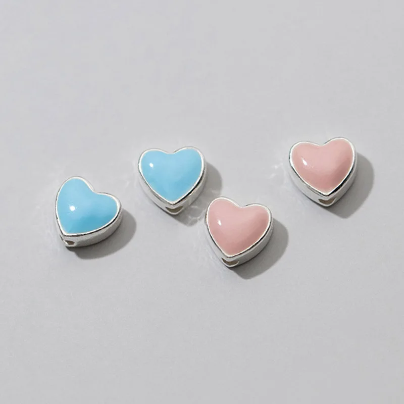 1pc/Lot 925 Sterling Silver Pink/Blue Hearts Hollow Metal Beads 8x7.7mm Bracelets Charm Spacers DIY Jewelry Accessories