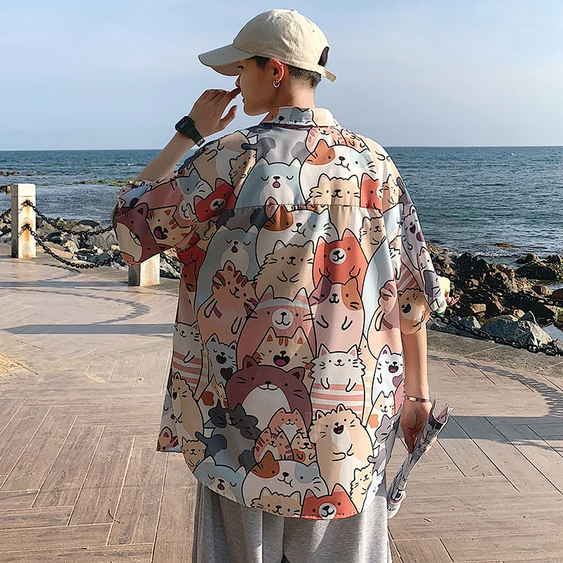 Hawaiian Beach shirt men's short sleeve loose size niche design ice silk shirt camisa masculina streetwear imported-china