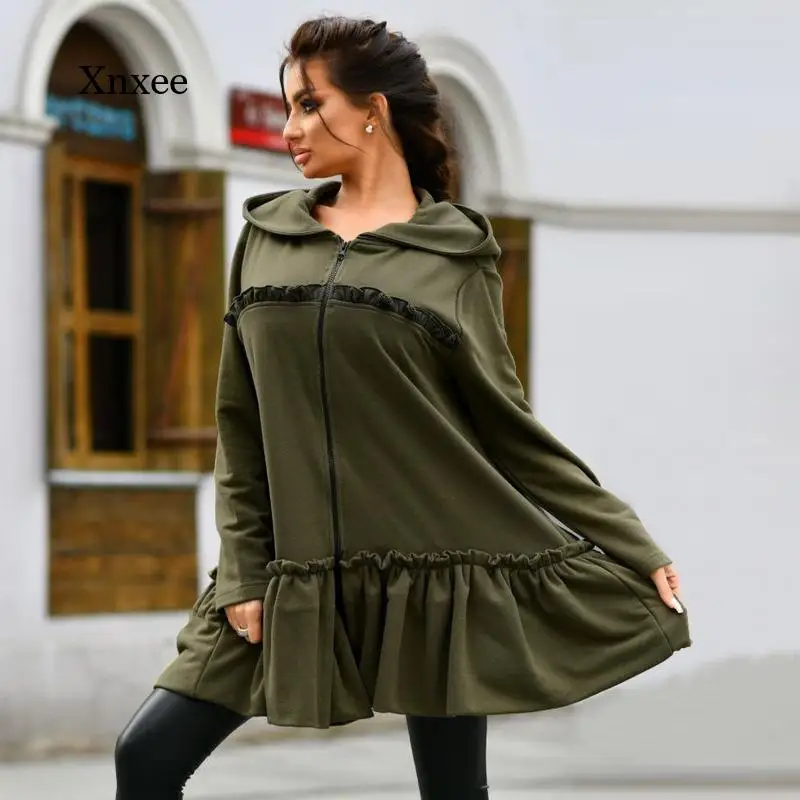 Winter Hooded Warm Hoodie Dress Long Sleeve Casual Ruffled Mini Dress Sportswear Casual Women's Zipper Party Club Wear