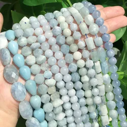 A+ Natural Blue Aquamarines Gems Stone Bead Faceted Smooth Loose Spacer Beads for Jewelry Making DIY Handmade Bracelet Necklace