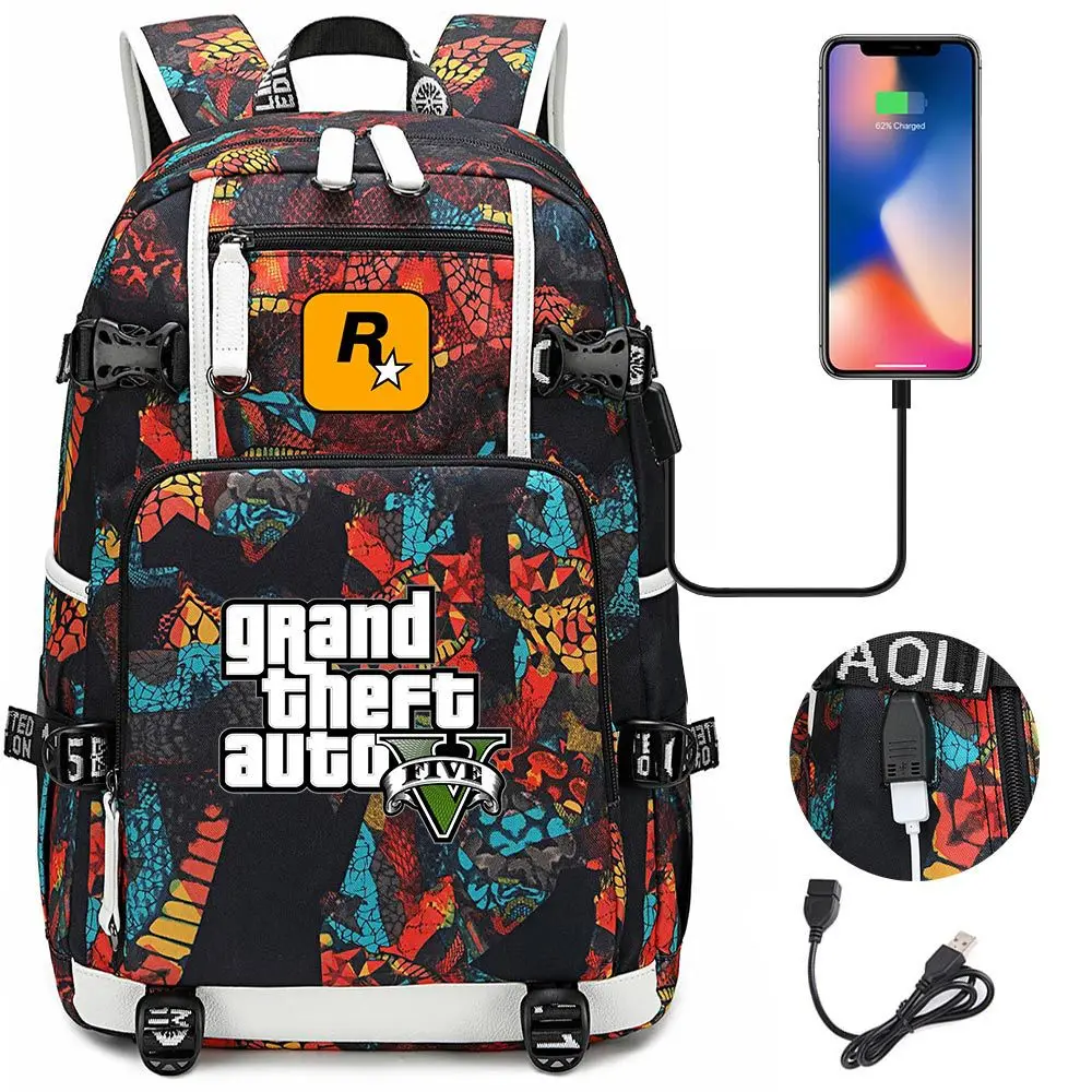 GTA5-Mochila para ordenador portátil Grand Theft Auto para hombre y mujer, de viaje con carga USB morral, multifuncional, impermeable, mochilas