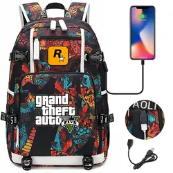 GTA5-Mochila para ordenador portátil Grand Theft Auto para hombre y mujer, de viaje con carga USB morral, multifuncional, impermeable, mochilas escolares