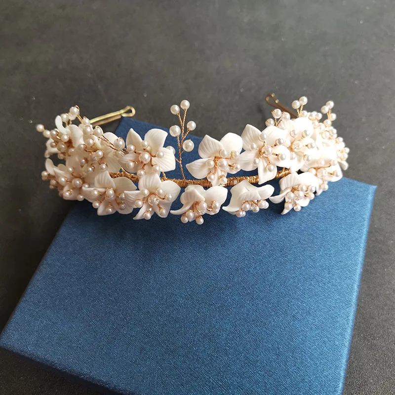SLBRIDAL Handgemachte Kristall Strass Perlen Keramik Blume Braut Tiara Hochzeit Brautjungfern Party Krone Frauen Mädchen Haar Schmuck – Detail 16