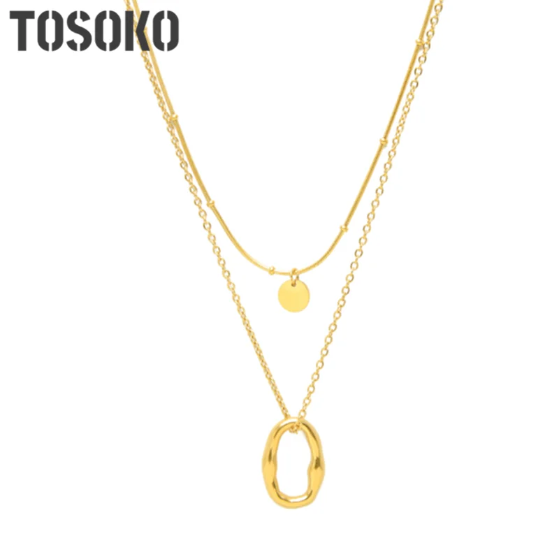 

TOSOKO Stainless Steel Jewelry Irregular Oval Necklace Handmade Irregular Double Layer Necklace Women Fashion Chain BSP675