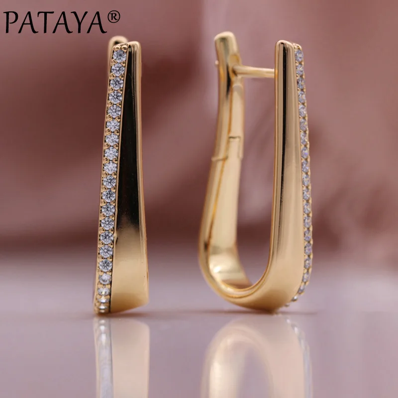 

PATAYA New 585 Rose Gold Color Earrings U Shape Single Row Natural Zircon Women Drop Earrings Wedding Unusual Fashion Jewelry